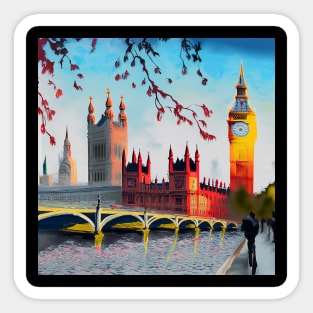 Oil on canvas, London street. A work of art. Big Ben and the Red Tree. To England Sticker